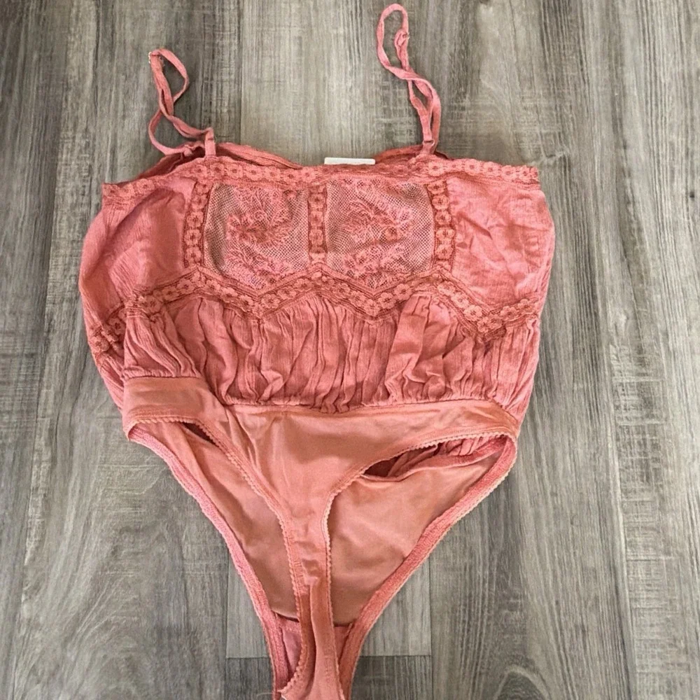 Free People Still The One Lace Embroidered Embroidered Bodysuit Coral Pink XS